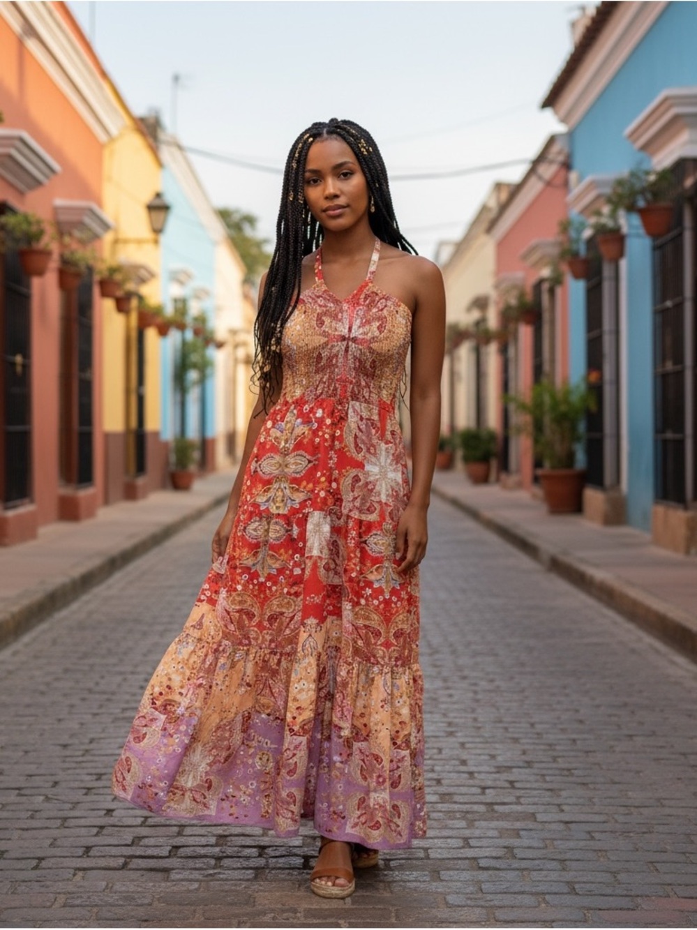 Boho Vacation Multicolor Paisley Smocked Halter Tiered Maxi Dress resort